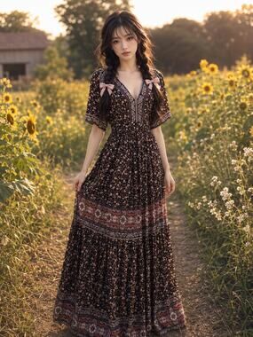Wandering Into Autumn’s Embrace flowy floral boho kimono maxi dress M